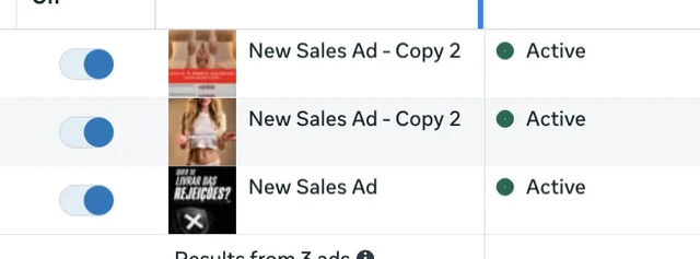 Ad manager screenshot showing active ads